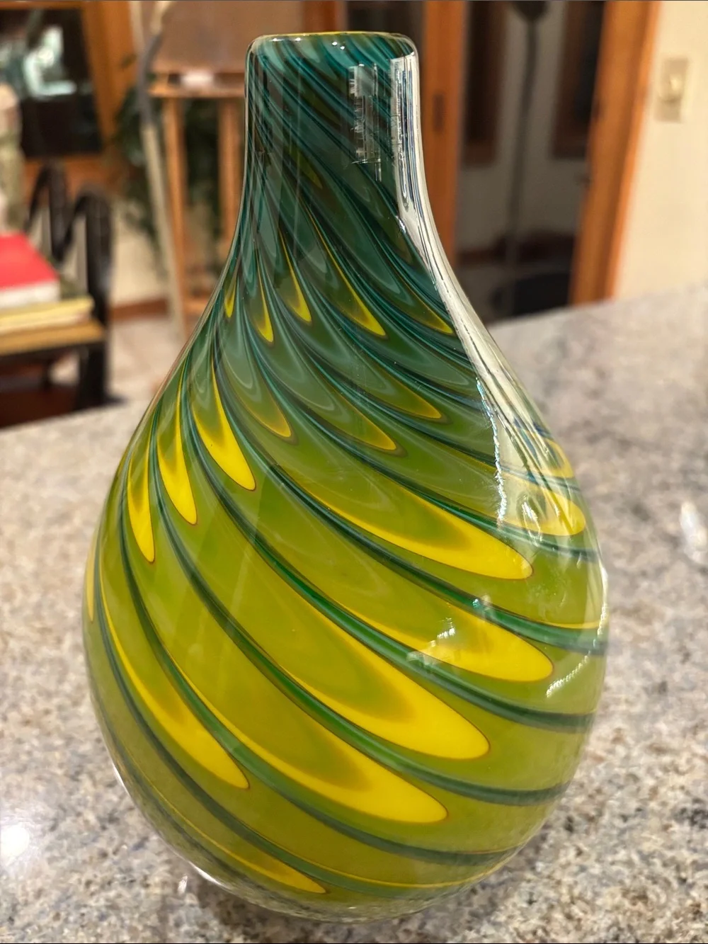 Hand-Blown Green and Yellow Swirl Art Glass Vase